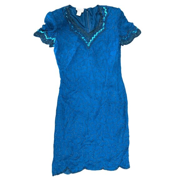 All Silk Vintage Dress by Allyson Whitmore S Teal Hand Beaded Cocktail Party Chi - Picture 9 of 12